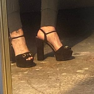 GUCCI d’Orsay brown suede horsebit platform shoes